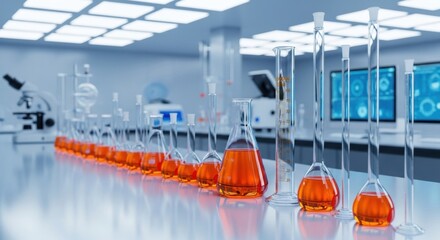 Science laboratory with row of flasks filled with orange liquid and scientific equipment.