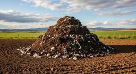 A large pile of waste and plastic bottles sits in a brown agricultural field under a blue sky with clouds.