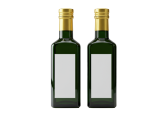 Identical dark emerald green rectangular glass bottles filled with golden truffle oil, blank white labels, and bright gold caps, isolated on a transparent backdrop. Concept for premium product mockup