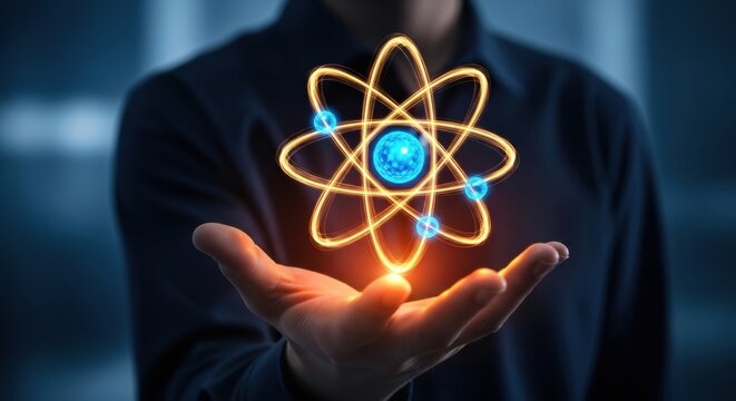 Close-up of a hand holding a luminous atomic model with orbiting electrons, symbolizing science and discovery. - Powered by Adobe