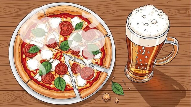Pizza and Beer Overhead View Illustration Cartoon Style