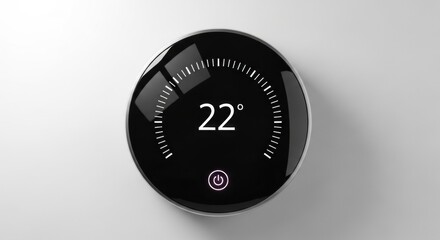 Close-up of a modern black circular thermostat showing 22 degrees Celsius with a glowing digital display.
