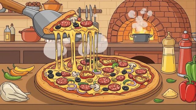 Delicious Pizza Slice Stretchy Cheese Wood-Fired Oven Kitchen