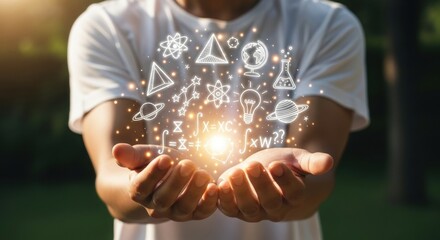 Person holding glowing science and math symbols in open hands in an outdoor setting with warm light.