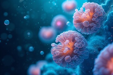 Ratatosk m an organism in the environment on a blue background. Intricate microorganism structure floating in dark water for science research.