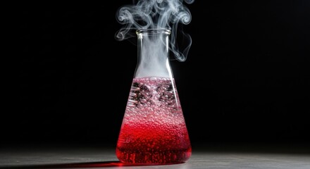A conical flask filled with red liquid shows a swirling reaction and emits white smoke against a black backdrop.