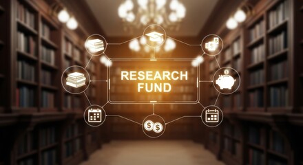 Abstract digital interface showing research fund icons in a vintage library.