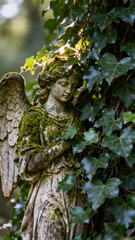 Moss Covered Angel Statue Among Ivy with Soft Natural Light