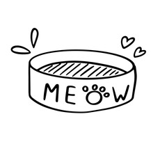 Cat Bowl Doodle Illustration Hand Drawn Cute Pet Feeding Dish for Cat Food and Water
