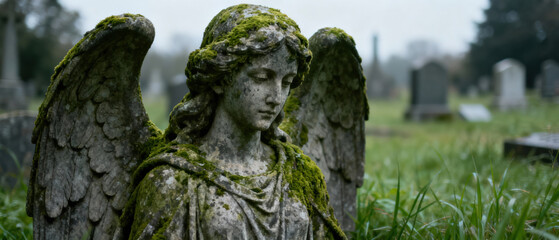 Obraz premium Moss Covered Stone Angel Statue in Cemetery with Soft Focus Background