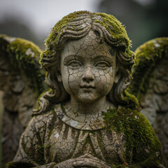 Fototapeta premium Moss Covered Stone Angel Statue with Cracked Face Close Up