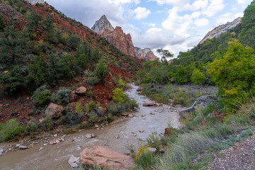 A river flows through a canyon with red rocks and trees.