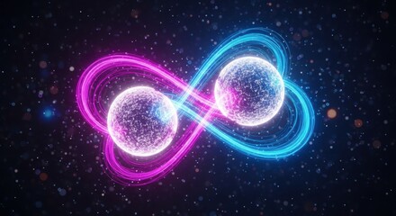 Abstract digital art showing two glowing spheres connected by an infinity loop.