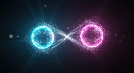 Abstract cosmic scene with two glowing blue and pink orbs connected by light.