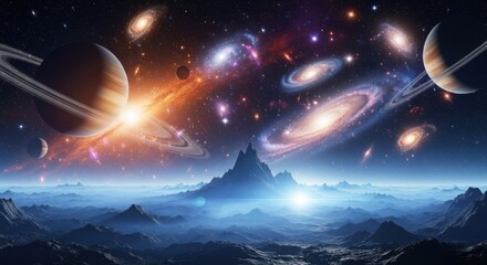 Obraz premium A breathtaking cosmic vista featuring multiple spiral galaxies and ringed planets illuminating a distant alien landscape under a starry sky.