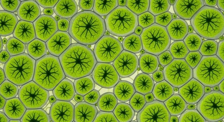 Abstract microscopic view of vibrant green cellular structures with starburst centers and gray borders.