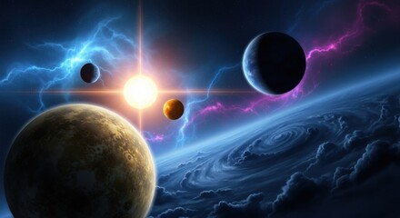 Distant planets and a bright sun illuminated by a colorful nebula and cosmic clouds in deep space.