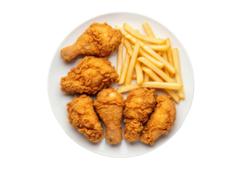 crispy fried chicken with french fries on white plate - golden brown fast food platter
