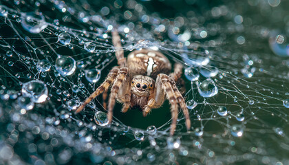 Close up of a spider sitting on its web, showing a small hairy arachnid with long legs in a natural setting