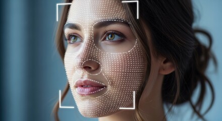Facial recognition technology scans a woman's face with digital dots and lines