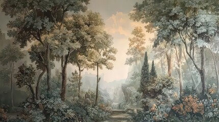 Vintage illustration with trees on a grunge background. Design for wallpaper, photo wallpaper, frescoes, wall painting and other works.