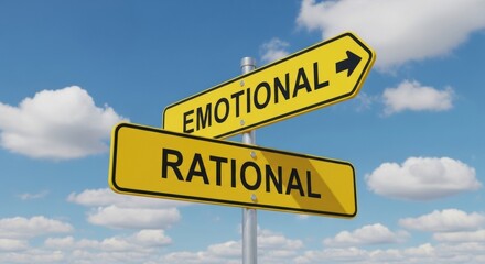 Yellow road sign pointing in two directions labeled 'Emotional' and 'Rational' against a blue sky with clouds.