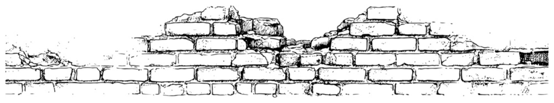 Hand drawn illustration of an old crumbling brick wall in a ruinous state