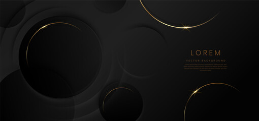 Abstract 3d black circles layer background with gold lines curved  sparkle with copy space for text.