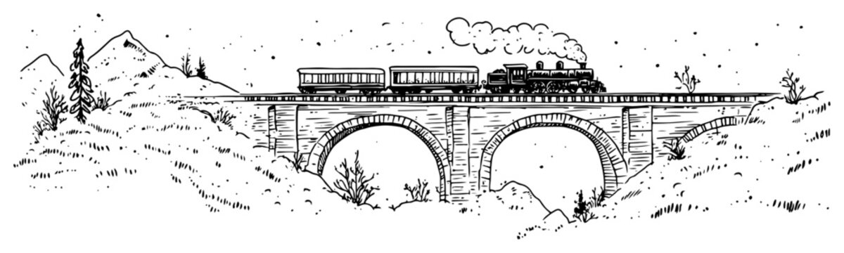 Hand drawn illustration of a vintage steam train crossing a stone arch bridge in the mountains