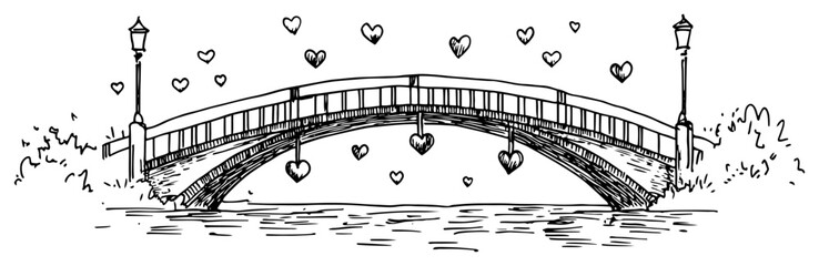 Romantic hand drawn sketch of a bridge with floating hearts and street lamps over a river