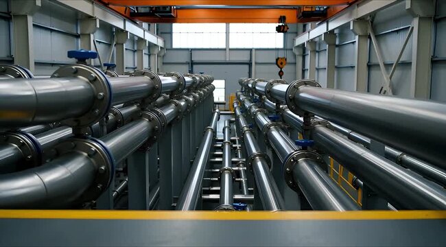 Industrial piping system with flanges and blue valves in a factory setting