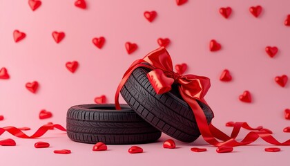 A creative Valentine's Day gift of tires wrapped with a red ribbon on a pink background