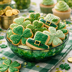 A vibrant glass bowl filled with assorted green shamrock and leprechaun hat cookies adorned with white sprinkles on a festive table setting with cupcakes and chocolate
