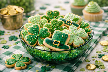 St patricks day cookies in a glass bowl on a table with green and white checkered cloth and gold coins with shamrock and celebration and holiday