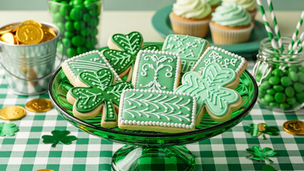 St patrick's day celebration with green shamrock cookies and cupcakes on a green and white checkered tablecloth with gold coins with st patricks day