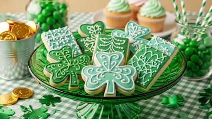 St patrick's day celebration with green shamrock cookies on a glass cake stand surrounded by cupcakes gold coins and green candies on a table with a green checkered