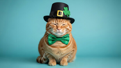 Cute orange tabby cat wearing black top hat with gold buckle and green shamrock green bow tie sitting on blue background st patrick's day theme festive feline