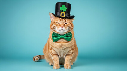 Orange tabby cat wearing green bow tie and black top hat with shamrock on st patricks day with funny and humor and playful and whimsical and cute