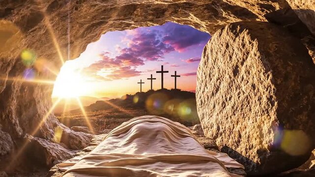 resurrection of Jesus Empty tomb at sunrise with three crosses on golgotha good friday