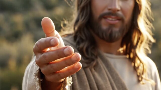 Jesus christ reaching out his hand in a gesture of welcome and guidance