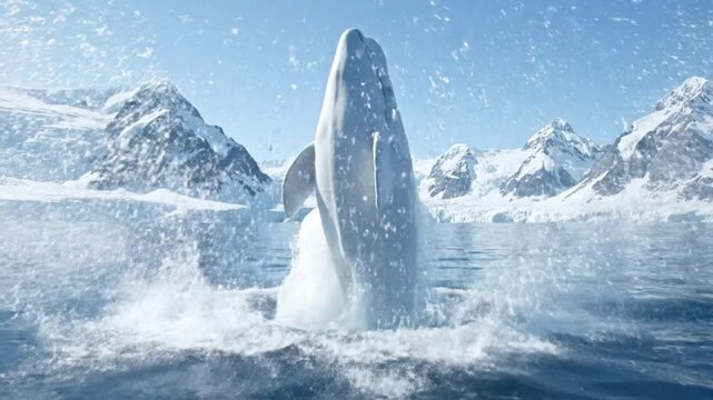 Beluga whale jumping out of water in spectacular breach against arctic mountain landscape