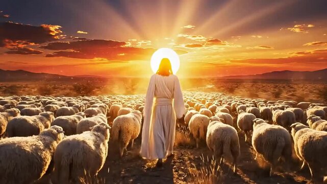 Jesus the good shepherd leading his flock of sheep at sunset