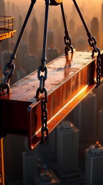 Yellow industrial crane hook lifting a heavy red steel beam over a hazy city skyline at sunset, showcased in a cinematic 3D animation illustrating construction progress.