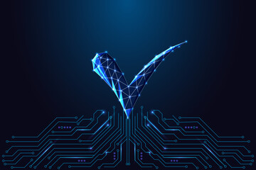 Digital check mark glowing above circuit board, AI validation, approval and automated decision
