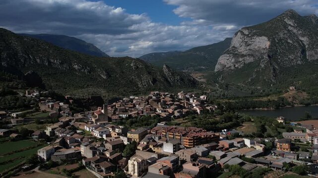 Aerial drone footage of Coll de Nargo town in Catalonia, Spain. High quality 4k footage