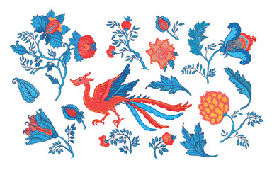 Floral vintage pattern elements set in Jacobean style isolated on white. Enchanted Vintage Flowers. Chintz inspired. Design for wrapping paper, wallpaper, fabrics and fashion clothes.