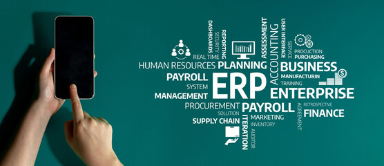 A person interacts with a smartphone against a teal background, surrounded by relevant business concepts such as ERP, payroll, and management strategies, emphasizing digital transformation. Tessel