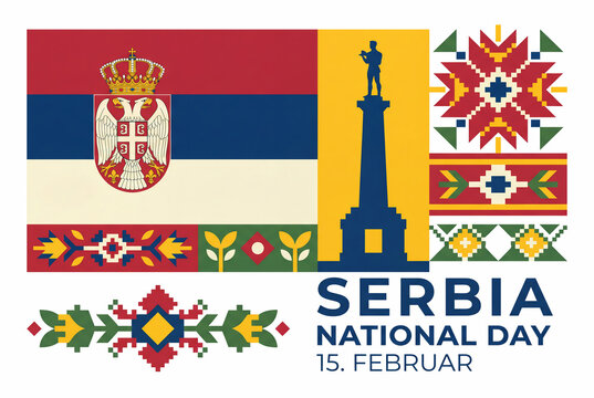 Serbia National Day design featuring flag and traditional patterns.