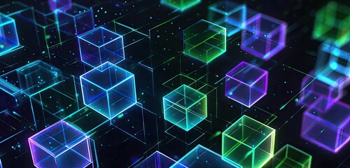 Floating, glowing cubes of various colors in dark space, digital abstraction