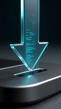 Futuristic glass download arrow inserting into a metallic port, pulsing with blue neon data streams to illustrate software update and secure transfer concepts.